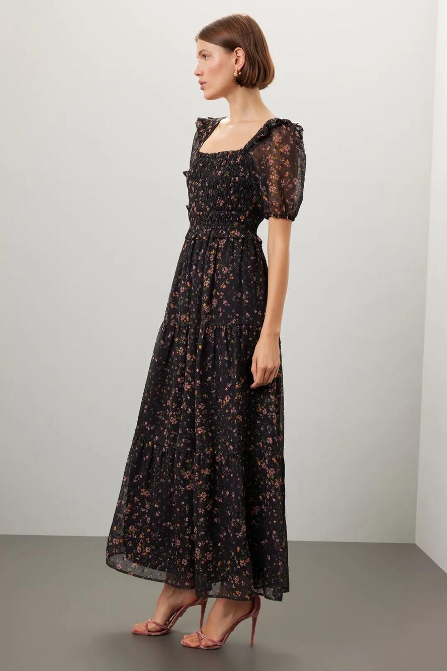 Slate & Willow Black Floral Print Chiffon Puff Sleeve Smocked Maxi Dress Small